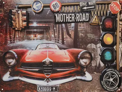 Image de Moritz Plaque en tôle 33 x 25 cm Mother Road Red Car Deko Plaque métallique rétro Vintage Retro Proverbes drôle