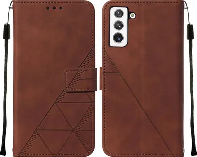 A brown leather flip case for a Samsung Galaxy S23 phone, shown open and closed.