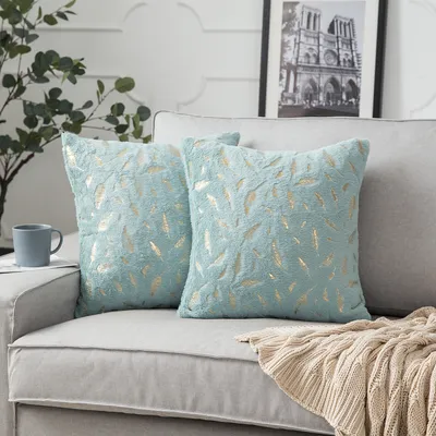 Produktbild von 2er Set Plüsch Kissenbezug 45 x 45 cm Gold Feder Dekokissen Kissenhülle für Couch Sofa Home Bett Deko, Grün