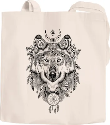 Produktbild von Jutebeutel Wolf Zentangle Boho Bohamian Baumwolltasche Stoffbeutel lange Henkel Baumwolle Autiga® natur 2 lange Henkel