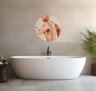 Produktbild von Wallario wasserfestes Poster selbstklebend 60 x 60 cm, Anatomie Wirbelsäule - Menschliches Skelett beim Laufen, Badezimmerposter Spritzschutz mit Hochglanzoberfläche in Glasoptik