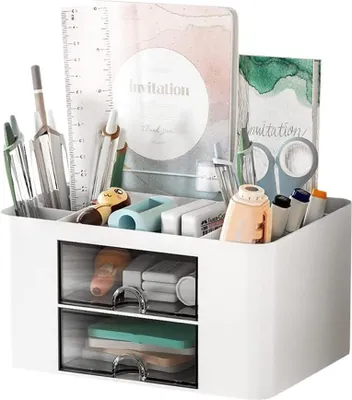 Produktbild von Schreibtisch Organizer, 5 Fächer Plastik Tisch Organizer mit Schublade, Multifunktionaler Schreibtisch Organizer, Stifteköcher für Stifte Büro Zuhause Schule(Weiß)