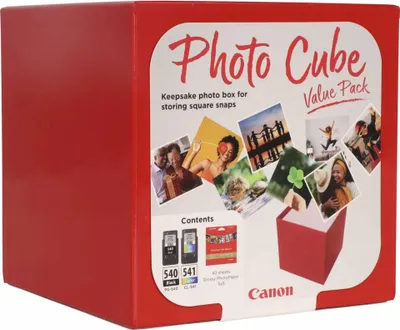 A red cardboard box for storing photos, with images of photos and product details printed on it.