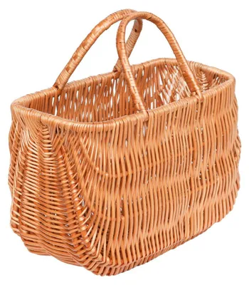 A wicker basket with handles, presented against a white background.
