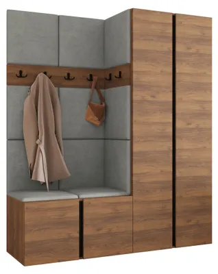 Produktbild von MIRJAN24 Garderoben-Set Orion III, Garderobe mit Sitzbank mit 11 x Wandpanel 42x42 (Farbe: Nuss Warmia, Polo 894), KI-generiertes Bild