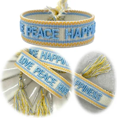 Produktbild von LS-LebenStil Canvas Statement Armband Love Peace Happiness besticktes Stoffarmband gewebt textiles Quasten Spruch Boho Geschenk Freundschaftsarmband