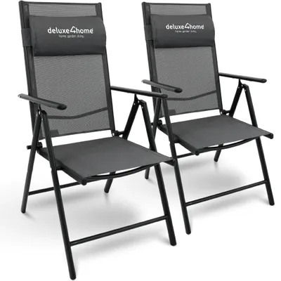 Produktbild von deluxe4home® Gartenstuhl 2er Set Klappbar 7-stufig Terrassenstuhl Anthrazit I Hochlehner Klappstuhl mit Armlehnen Balkonstuhl inkl. Kopfpolster