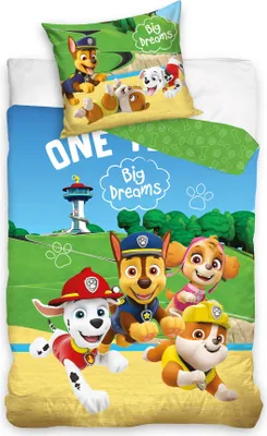 A Paw Patrol themed duvet cover and pillowcase set displayed on a bed.