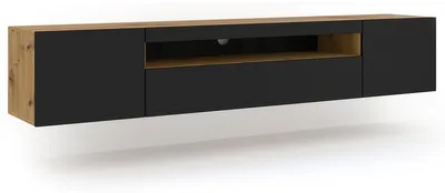 Immagine prodotto di Mobile TV basso Aura 200 cm sospeso o in piedi Base universale Mobile TV Credenza TV Tavolo HiFi mobile sospeso (rovere Artisan / nero opaco senza LED)