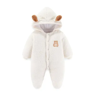 Obrázek produktu pro Dětská zimní kombinéza Bear Outfit Novorozenecký kabátek s kapucí Kojenecký teplý overal Batole fleecová kombinéza, 9-12 měsíců, bílá