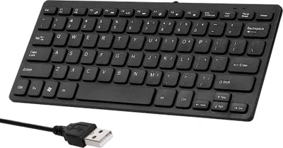 A black USB keyboard is shown on a white background.
