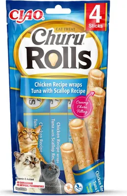 Immagine prodotto di Rotoli INABA Churu ricetta pollo involtini ricetta tonno con scoglio - premi per gatti - 4x10 g