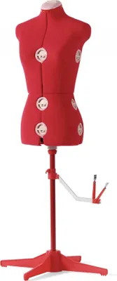 A red sewing mannequin on a stand against a white background.