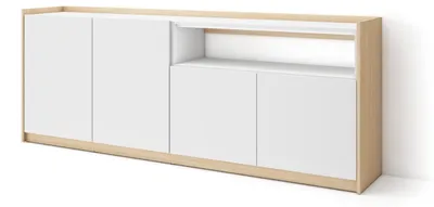 Produktbild von Sideboard, Highboard, 207x37x80cm, 4 Türen, Wohnzimmer, Küche, Weiß und Eiche Soft