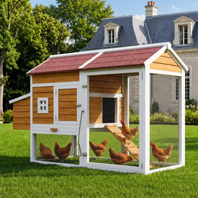 Produktbild von Merax Hühnerstall Mit Eiablage, Wetterfest Hühnerhaus Für 6-7 Hühner, Kleintierstall Mit Nistkasten, Sitzstange, Outdoor Freilaufgehege, Natur