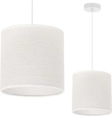 Two views of a white cylindrical pendant lamp with a textured fabric shade.