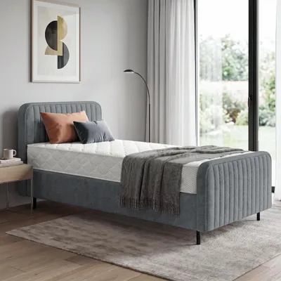 Produktbild von BEAUTYSOFA | Polsterbett LAMI 90x200 cm - Einzelbett mit Bettkasten & Matratze MEDIRO FORM H2 Kopfteil und Latenrost - Jugendbett Hellgrau