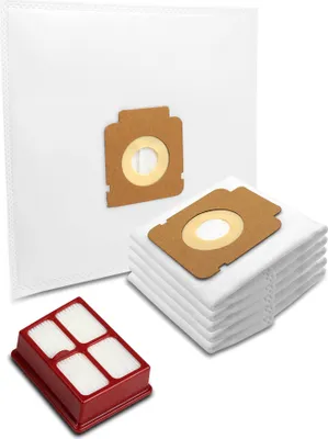 A collection of vacuum cleaner bags and a filter are displayed on a white background.
