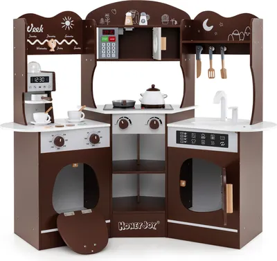 Produktbild von DREAMADE Eckküchen-Spielset, hölzerne Spielküche für Kinder mit Kaffeemaschine, Ofen, Mikrowelle, Waschmaschine & Zubehör, ab 3 Jahren (Braun)