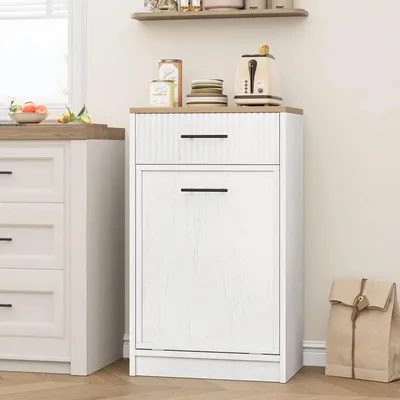 Image de Poubelle discrète en bois - Poubelle basculante autonome avec tiroir - Conteneur à déchets de 38 litres, sécurisé pour les animaux de compagnie - Blanc