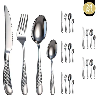 Produktbild von Hammerschlag-Besteckset für 6 Personen, 24 Teile aus 410er Edelstahl, geeignet für Zuhause, Partys, Hochzeiten, spülmaschinenfest