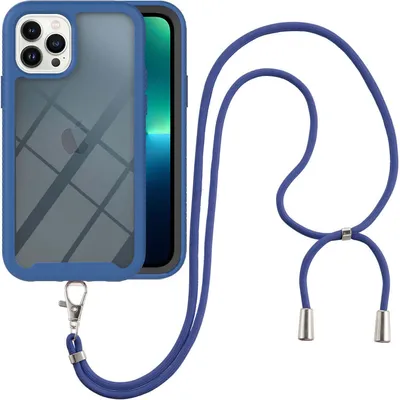 Image de Etui pour iPhone 13 Pro Max avec sangle, étui de protection transparent TPU bumper full body avec sangle collier bleu