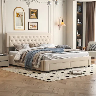 Produktbild von ProximaX Beige-Samt-Polsterbett mit Maßen 180x200cm, Doppelbett mit Schublade, Hydraulikfunktion, Lattenrost, Massivholzgestell als Stauraumbett