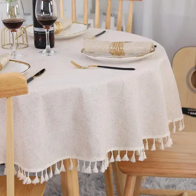 Productafbeelding van Ronde tafelkleed, diameter 120 cm, beige, linnen-katoen, afwasbaar, kreukvrij, met franjes