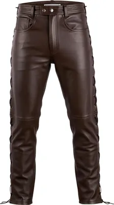 A pair of brown leather pants is shown against a white background.