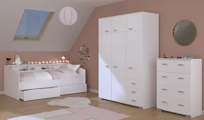 Produktbild von Jugendzimmer-Set >Sleep 41< 4-teilig, Bett, Schübe, Kleiderschrank, Kommode, in Weiß