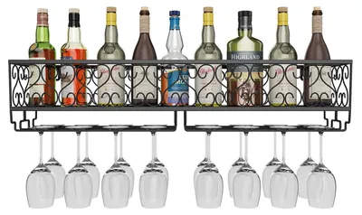 Wand-Weinregal 80x20 cm, für 18 Flaschen & 18 Gläser, Schwarz