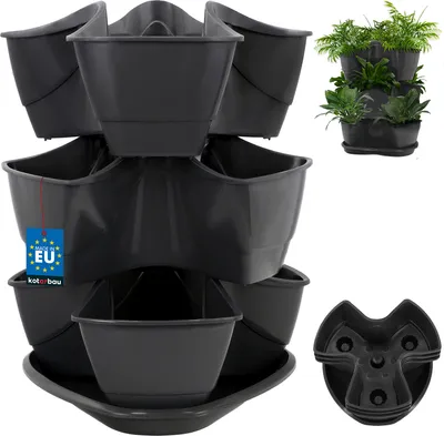 A stackable vertical planter system for herbs or plants, shown in black plastic.