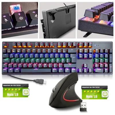 A collage of images showing a gaming keyboard and an ergonomic mouse, along with review scores.
