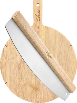 Produktbild von Oleio Pizza Wiegemesser aus Edelstahl mit Holzgriff + Pizzabrett rund 30 cm aus Holz mit Schnittmarkierungen – Pizza Zubehör & Servierbrett