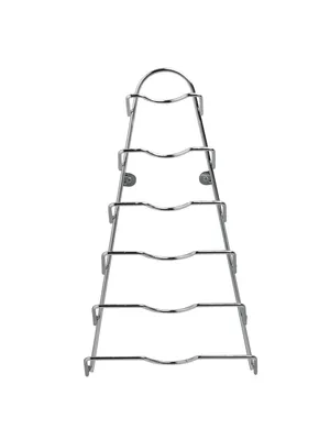 A silver metal pot lid organizer is shown against a white background.