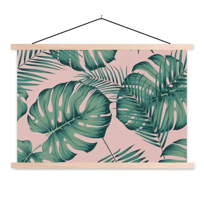Produktbild von MuchoWow® Textilposter Blätter - Rosa - Muster - Mädchen - Kinder - Grün - Kind 60x40 cm mit holzfarbenen Rahmen - Bilder