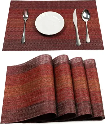 Produktbild von Tischsets, 6er-Set, waschbar, aus gewebtem Vinyl, rutschfest, hitzebeständig, leicht zu reinigen (6er-Set, Rot)$Tischsets für den Esstisch, 6er-Set, hitzebeständig, abwischbar, wasserdicht, fleckenabweisend, rutschfest, ideal für den Weihnachtstisch - Rot$Rote Tischsets, 6er-Set, hitzebeständig, aus PVC, gewebtes Vinyl, fleckenabweisend, ideal für Weihnachten, leicht zu reinigen