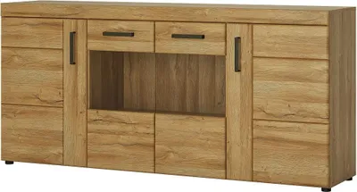 A wooden sideboard with multiple drawers and cabinets.