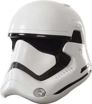 A close-up, studio shot of a white Stormtrooper helmet.