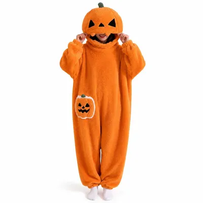 Productafbeelding van Halloween pompoen pyjama – Pluizen jumpsuit met capuchon voor volwassenen – Grappige,全身的な overall voor carnaval en griezelavonden