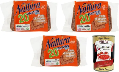 Produktbild von 3x Náttúra Protein Sport Pane di Segale Integrale -Roggenvollkornbrot mit Weizenproteinen, Leinsamen und Soja,Packung mit 250g + Italian Gourmet Polpa di Pomodoro 400g Dose