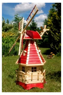 Produktbild von Gartenwindmühle aus Holz, kugelgelagert, mit Solarbeleuchtung, 1,25 m (rot)