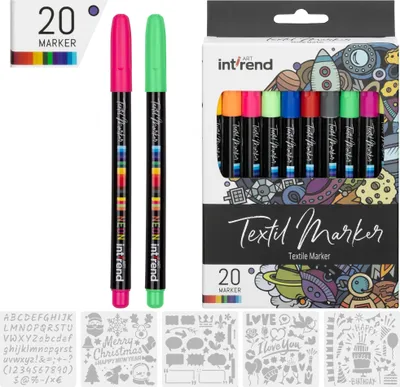 Produktbild von int!rend Textilstifte waschmaschinenfest 25er Set - Textilfarbe Textilmarker - 20 bunte Stoffmalfarben waschfest und 5 Schablonen - Stoffmalfarbe