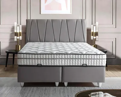 Produktbild von Elegantes graues Bett mit Matratze im modernen Stil
