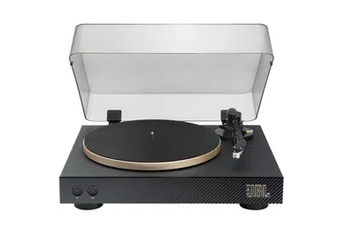 A black turntable with a gold trim and a clear dust cover, presented on a white background.
