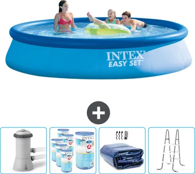 Produktbild von Intex runder aufblasbarer Easy Set-Schwimmpool – 396 x 84 cm – Blau – inklusive Pumpe Filter - Sonnensegel - Leiter