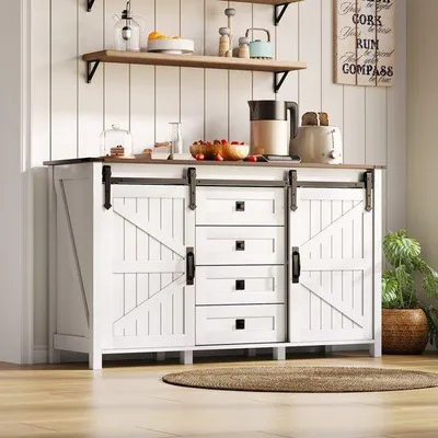 Image de Commode de 137 cm de large, 4 tiroirs, portes coulissantes, style vintage