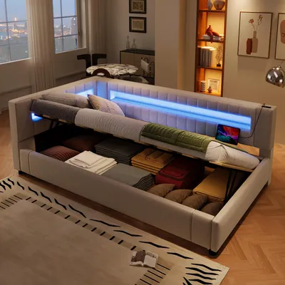 A bed with storage is shown in a room with a window and a bookshelf.