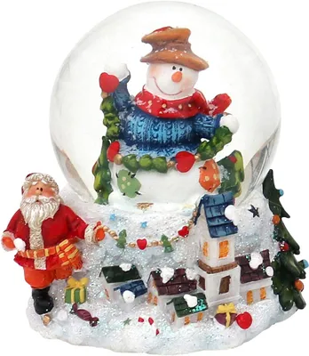 Produktbild von Schneekugel mit Schneemann und Girlande auf einem Sockel mit Winterlandschaft, Maße H/B/Ø Kugel: ca. 9 x 8 cm/Ø 6,5 cm.