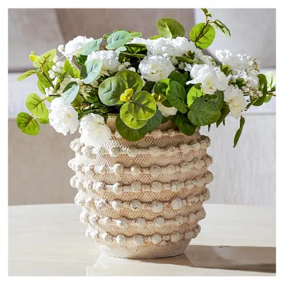 Produktbild von Zementvase Weiß Keramik Blumenvase Strukturierte Knotenvase Modern für Pampasgras, Tischvase für Deko Wohnzimmer, Rustikales Antikes Dekor, Regaldekoration, 16x16,8 cm
